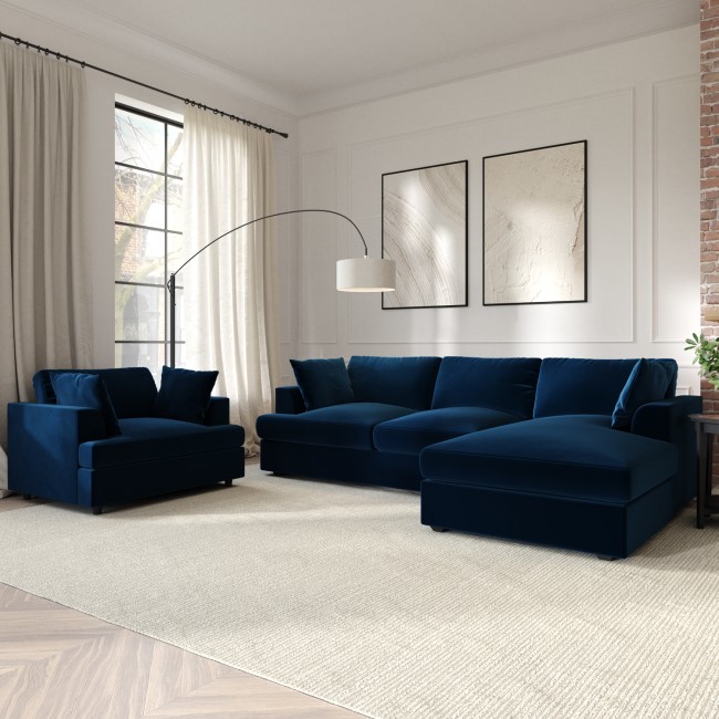 Large Navy Velvet Right Hand 4 Seater Corner Sofa - August