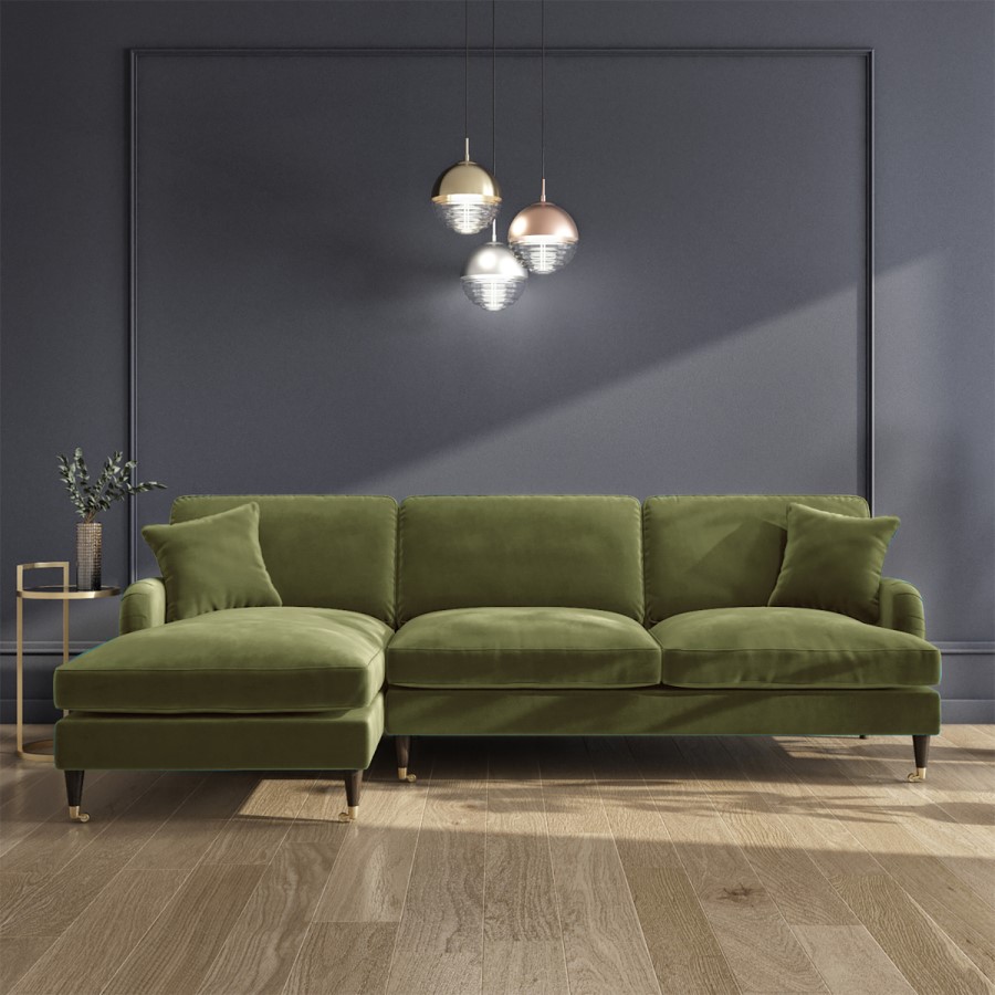 GRADE A2 - 4 Seater Left Hand Facing L Shaped Sofa in Olive Green - Payton