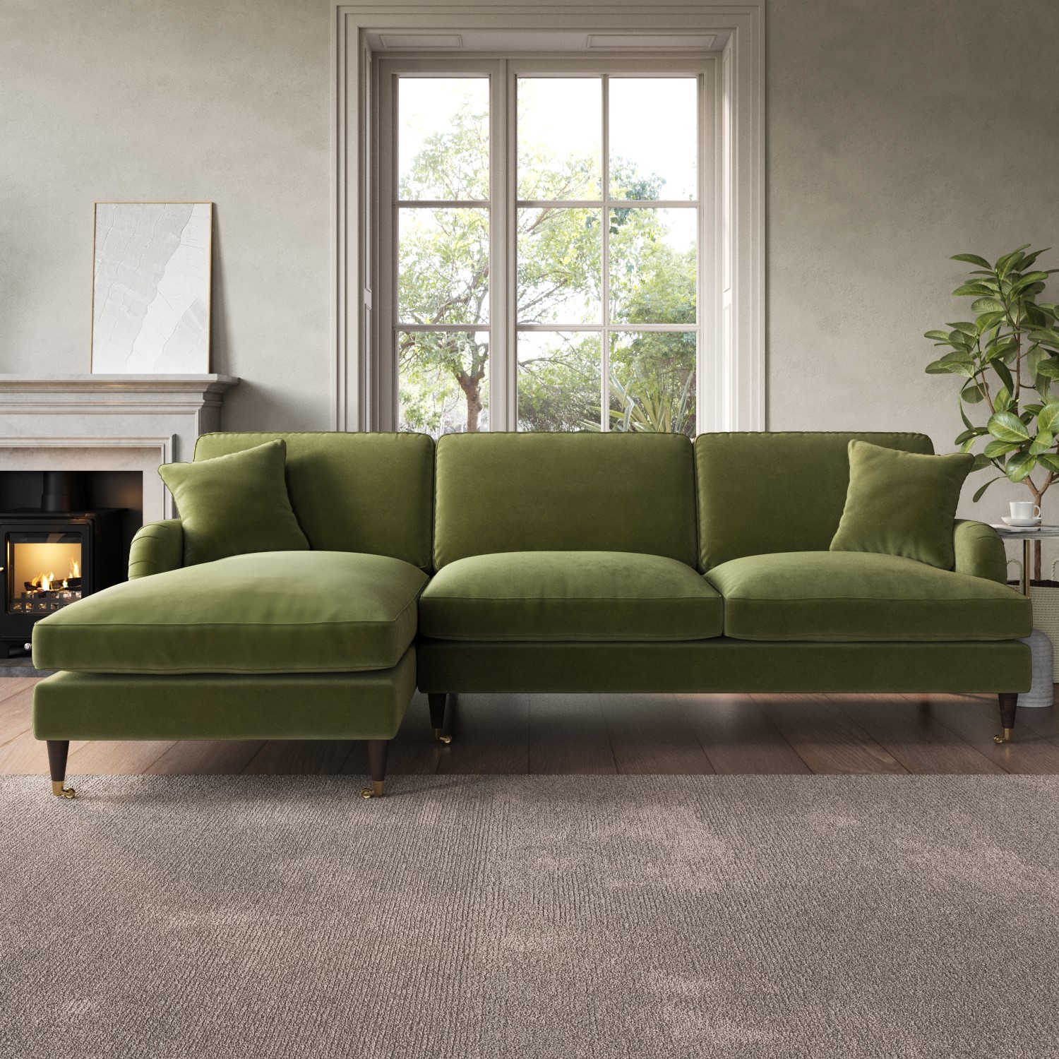 Payton Green Olive Velvet Left Hand Facing 4 Seater Chaise Corner Sofa