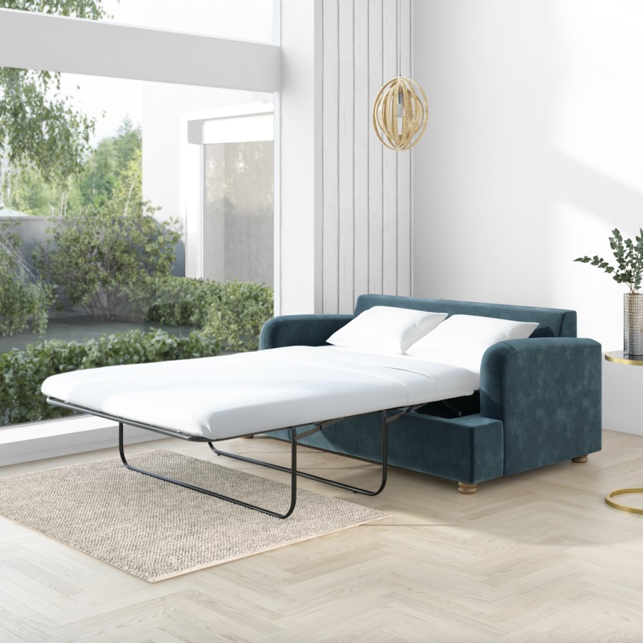 GRADE A1 - Petrol Blue Velvet 2 Seater Sofa Bed - Payton