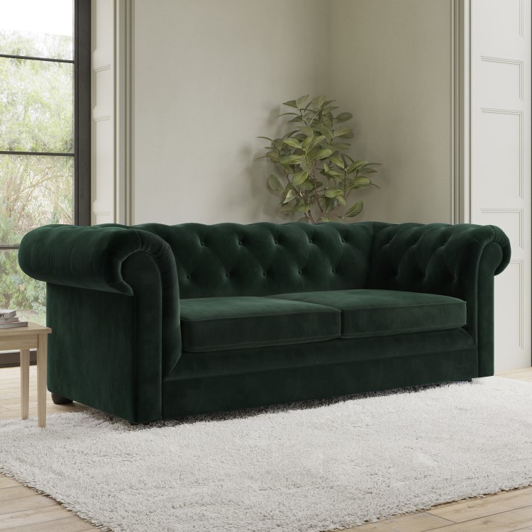 Green Velvet Chesterfield Pull Out Sofa Bed - Seats 3 - Bronte