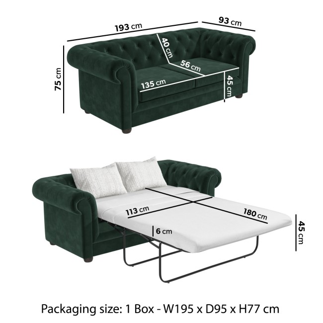 Green Velvet Chesterfield Pull Out Sofa Bed - Seats 3 - Bronte