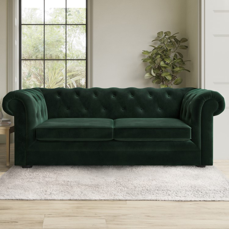 Green Velvet Chesterfield Pull Out Sofa Bed - Seats 3 - Bronte