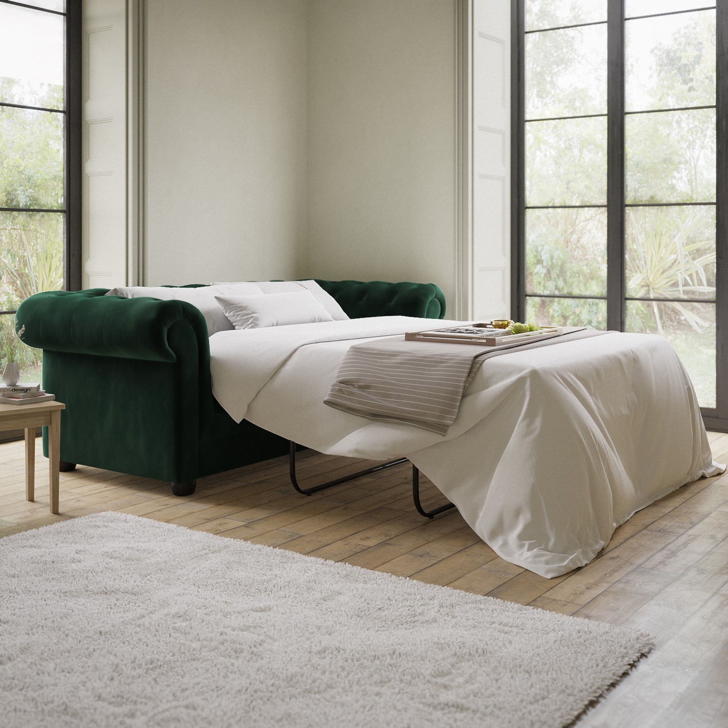 3 Seater Pull Out Chesterfield Sofa Bed in Green Velvet - Bronte ...