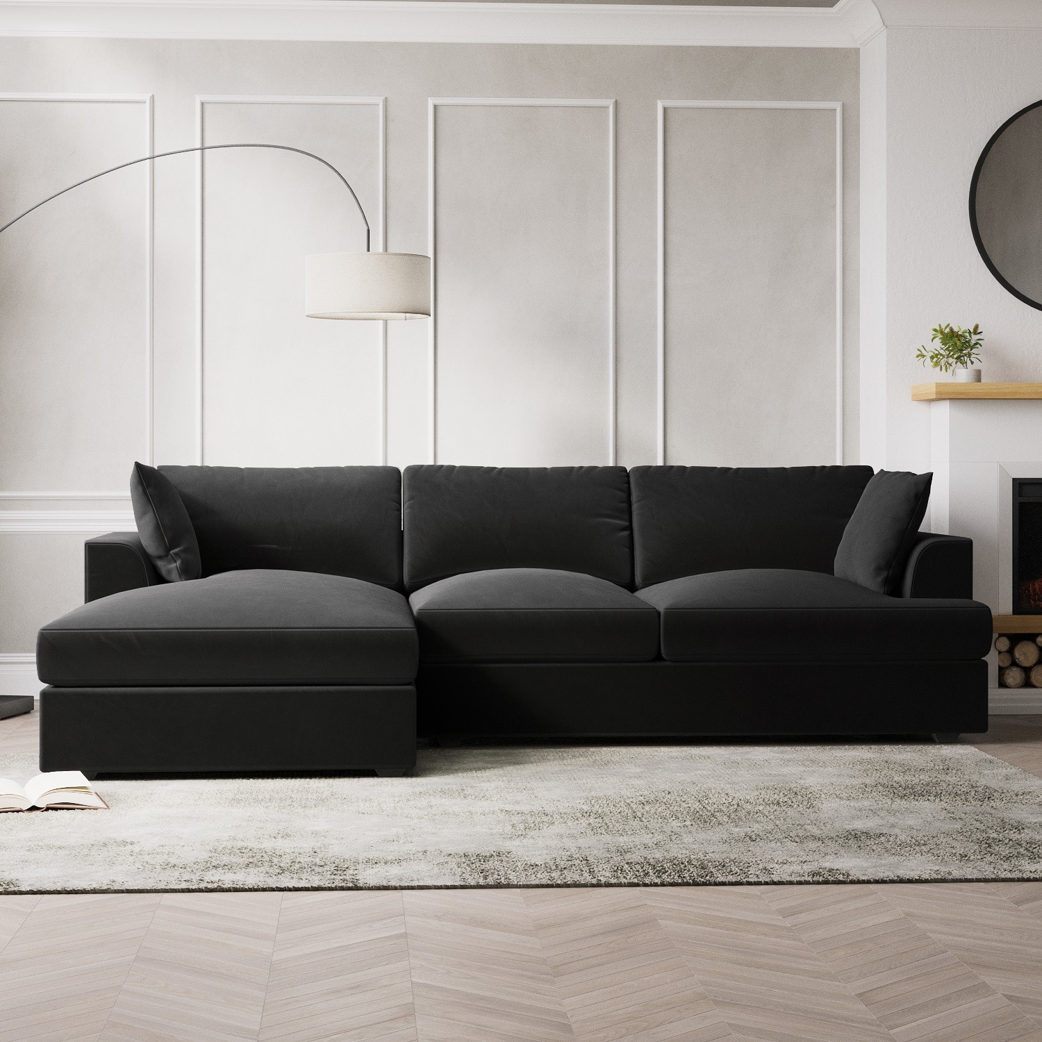 Read more about Dark grey velvet left hand l shaped sofa seats 4 august