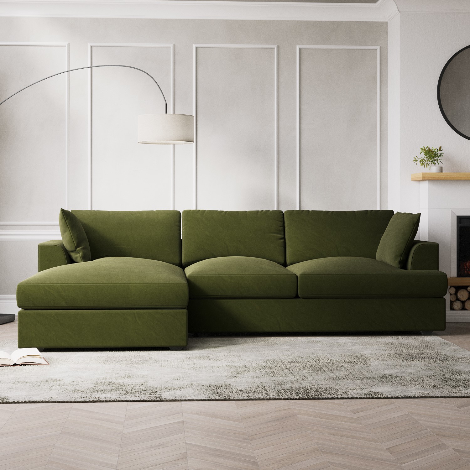 Photo of Olive green velvet left hand l shaped sofa - seats 4 - august