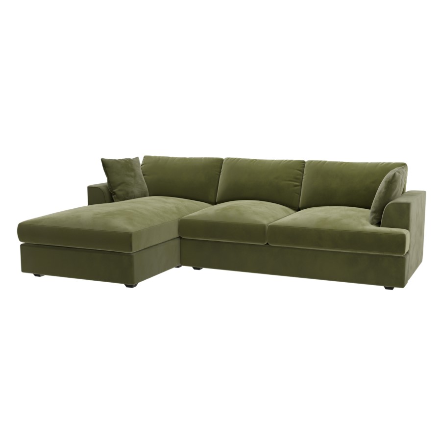 GRADE A2 - 3 Seater Left Hand Facing L Shaped Sofa in Olive Green Velvet - August
