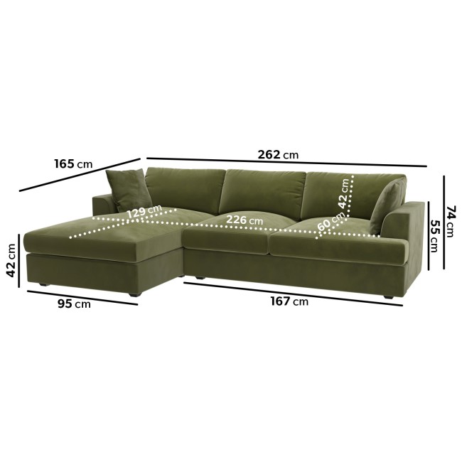 Olive Green Velvet Left Hand 4 Seater Corner Sofa - August