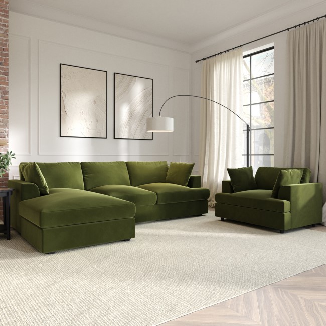 Olive Green Velvet Left Hand 4 Seater Corner Sofa - August