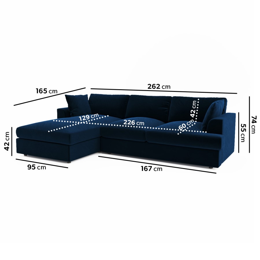 Navy Blue Velvet Left Hand 4 Seater Chaise Corner Sofa - August