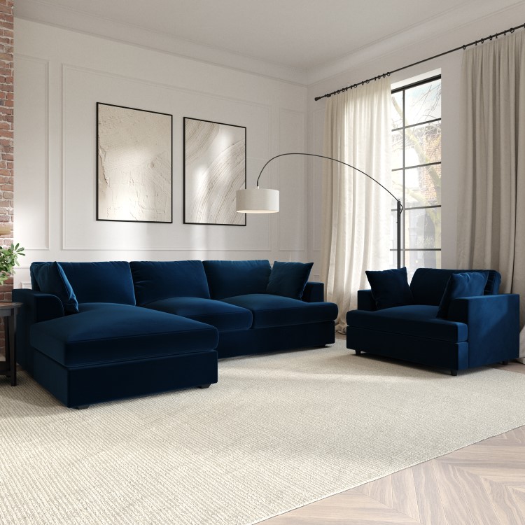 Navy Velvet Left Hand 4 Seater Chaise Corner Sofa - August