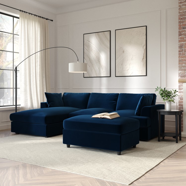 Navy Velvet Left Hand 4 Seater Chaise Corner Sofa - August