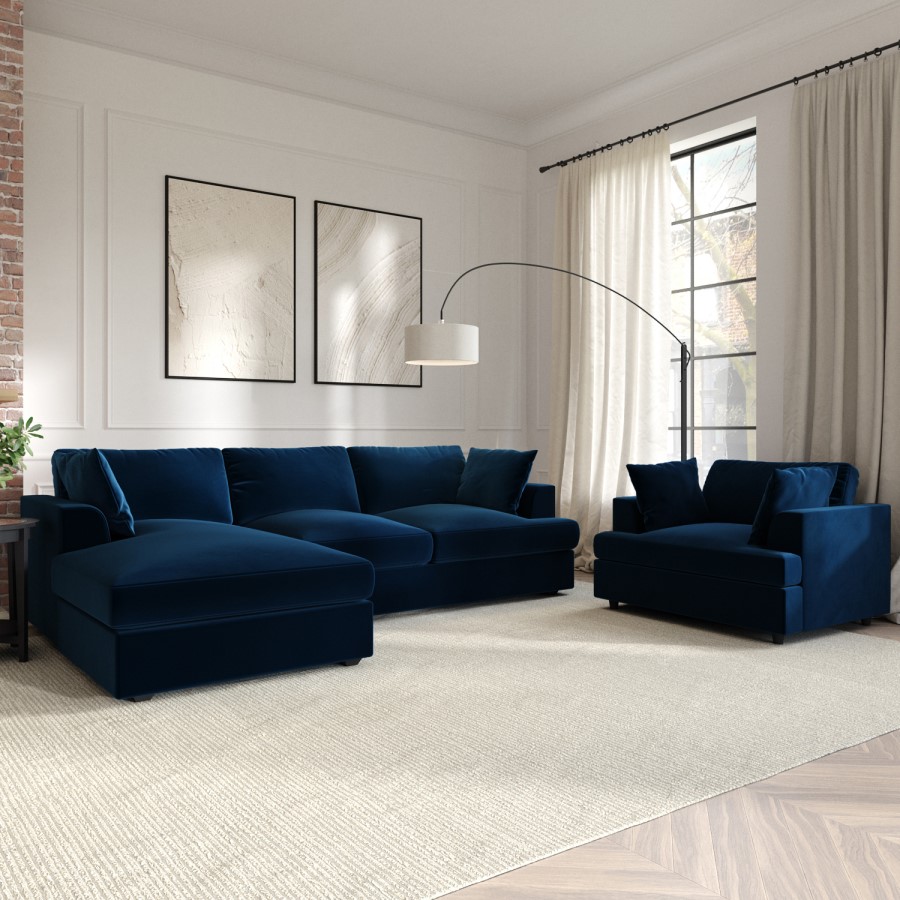 Navy Blue Velvet Left Hand 4 Seater Chaise Corner Sofa - August