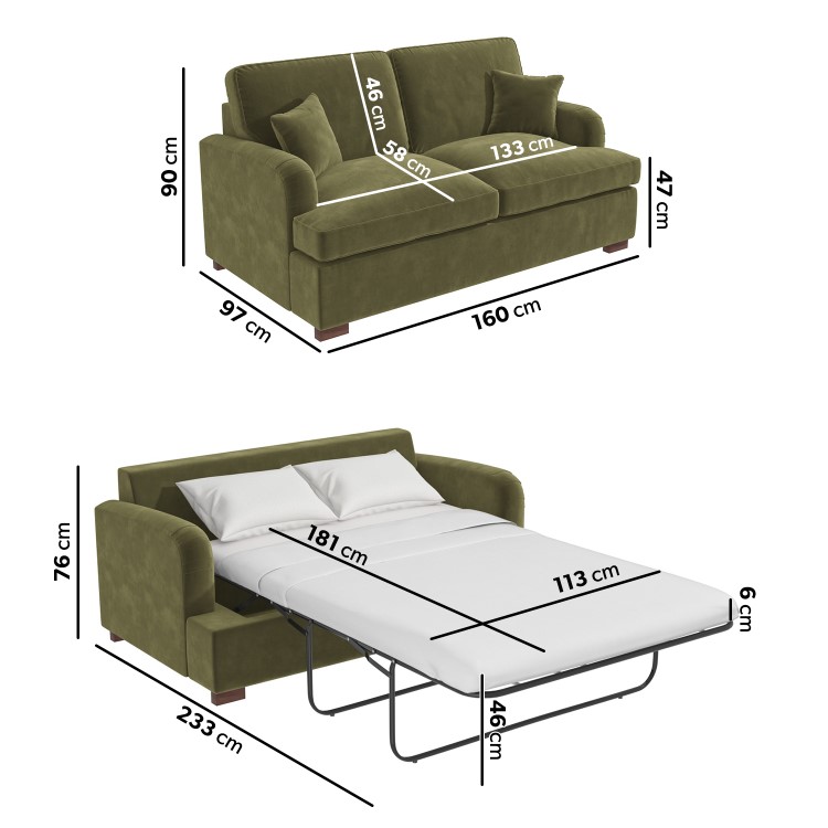 ONLY OPENED - Olive Green Velvet 2 Seater Sofa Bed - Payton