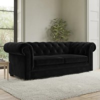 ALMOST PERFECT - Black Velvet Chesterfield Pull Out Sofa Bed - Seats 3 - Bronte