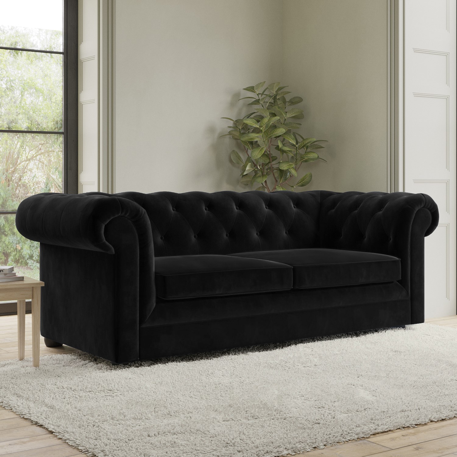 Black Velvet Chesterfield Pull Out Sofa Bed - Seats 3 - Bronte ...