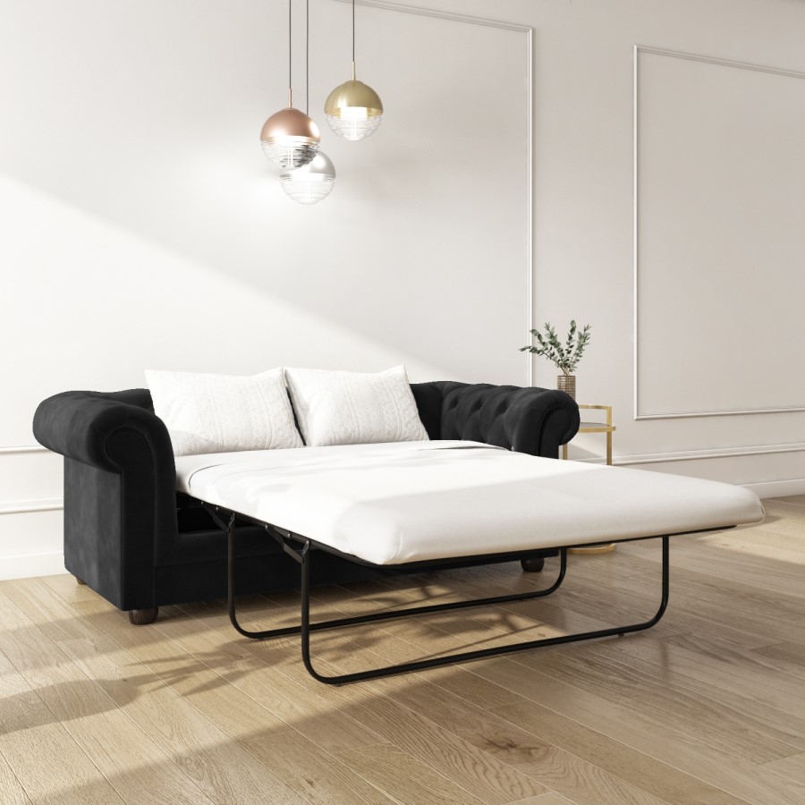 GRADE A2 - Black Velvet 3 Seater Sofa Bed - Bronte