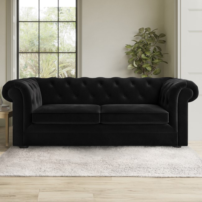 Black Velvet Chesterfield Pull Out Sofa Bed - Seats 3 - Bronte