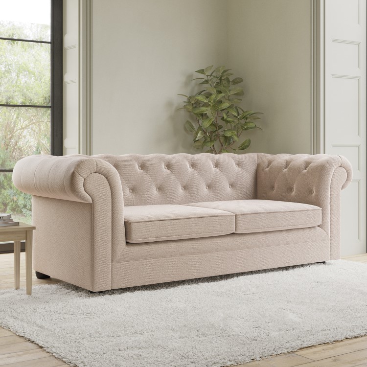 ALMOST PERFECT - Beige Fabric Chesterfield Pull Out Sofa Bed - Seats 3 - Bronte