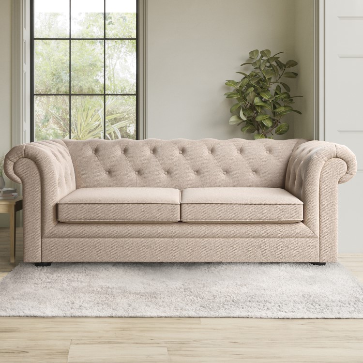 ALMOST PERFECT - Beige Fabric Chesterfield Pull Out Sofa Bed - Seats 3 - Bronte