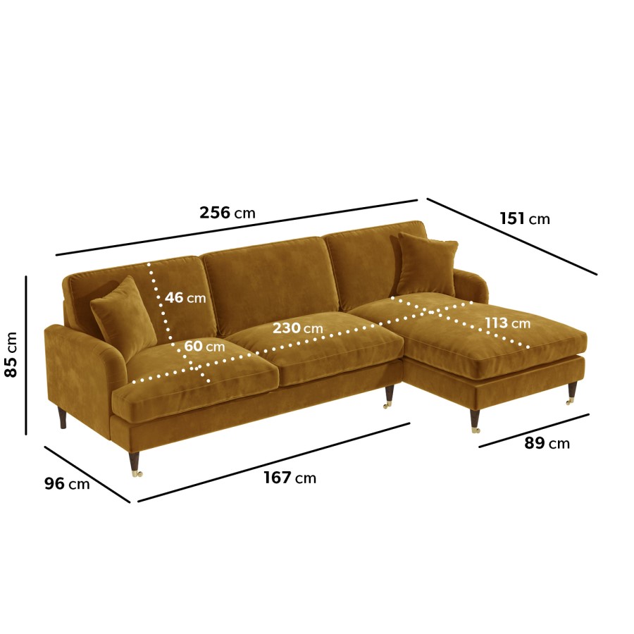 Mustard Velvet Right Hand Facing 4 Seater Chaise Corner Sofa - Payton