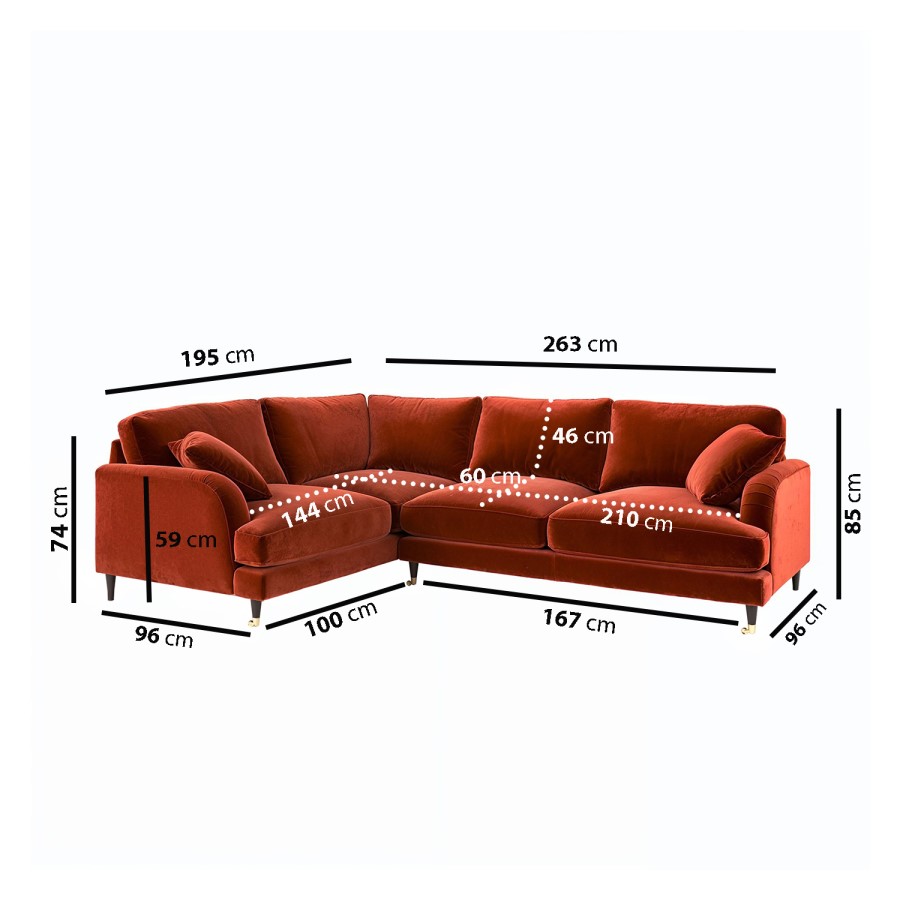 Burnt Orange Velvet 4 Seater Left Hand Corner Sofa - Payton