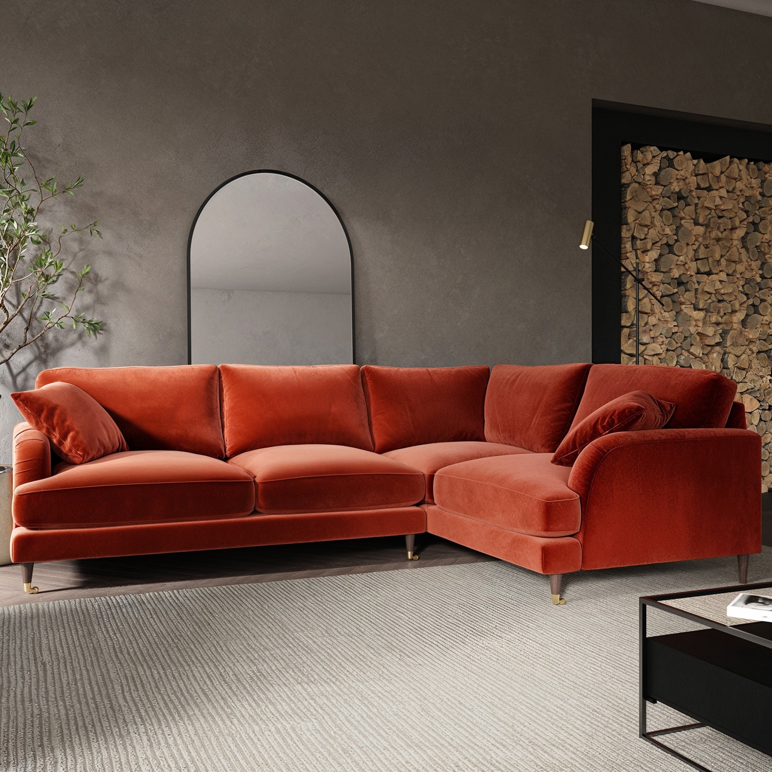 Payton Orange Burnt Velvet 4 Seater Right Hand Corner Sofa