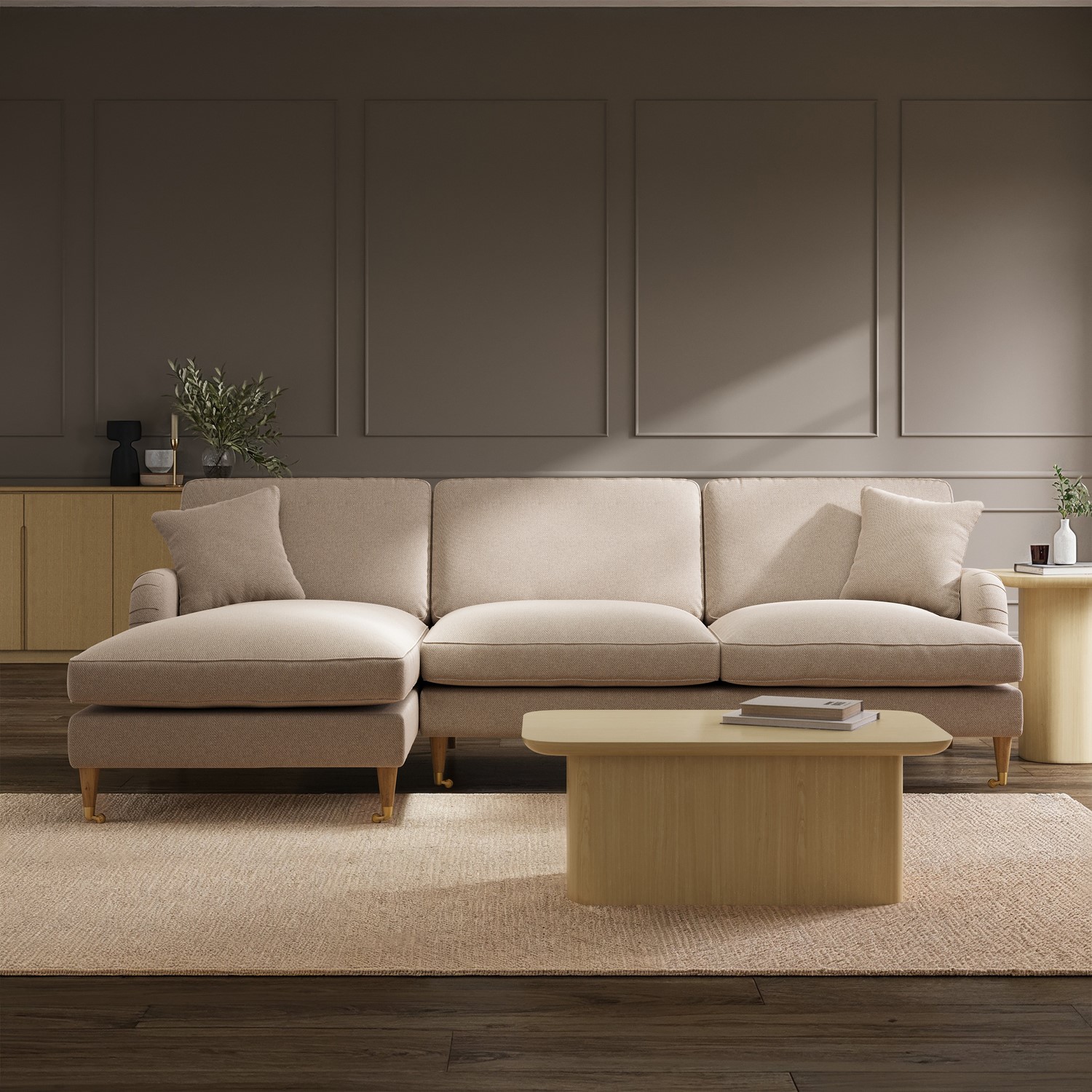 Payton Beige Fabric Left Hand Facing 4 Seater Chaise Corner Sofa