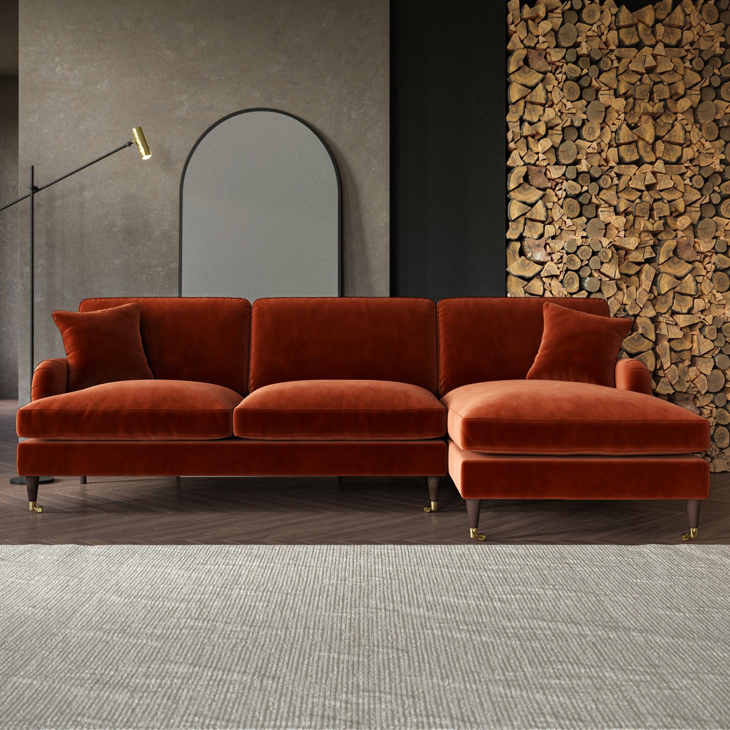 Payton Orange Burnt Velvet Right Hand Facing 4 Seater Chaise Corner Sofa