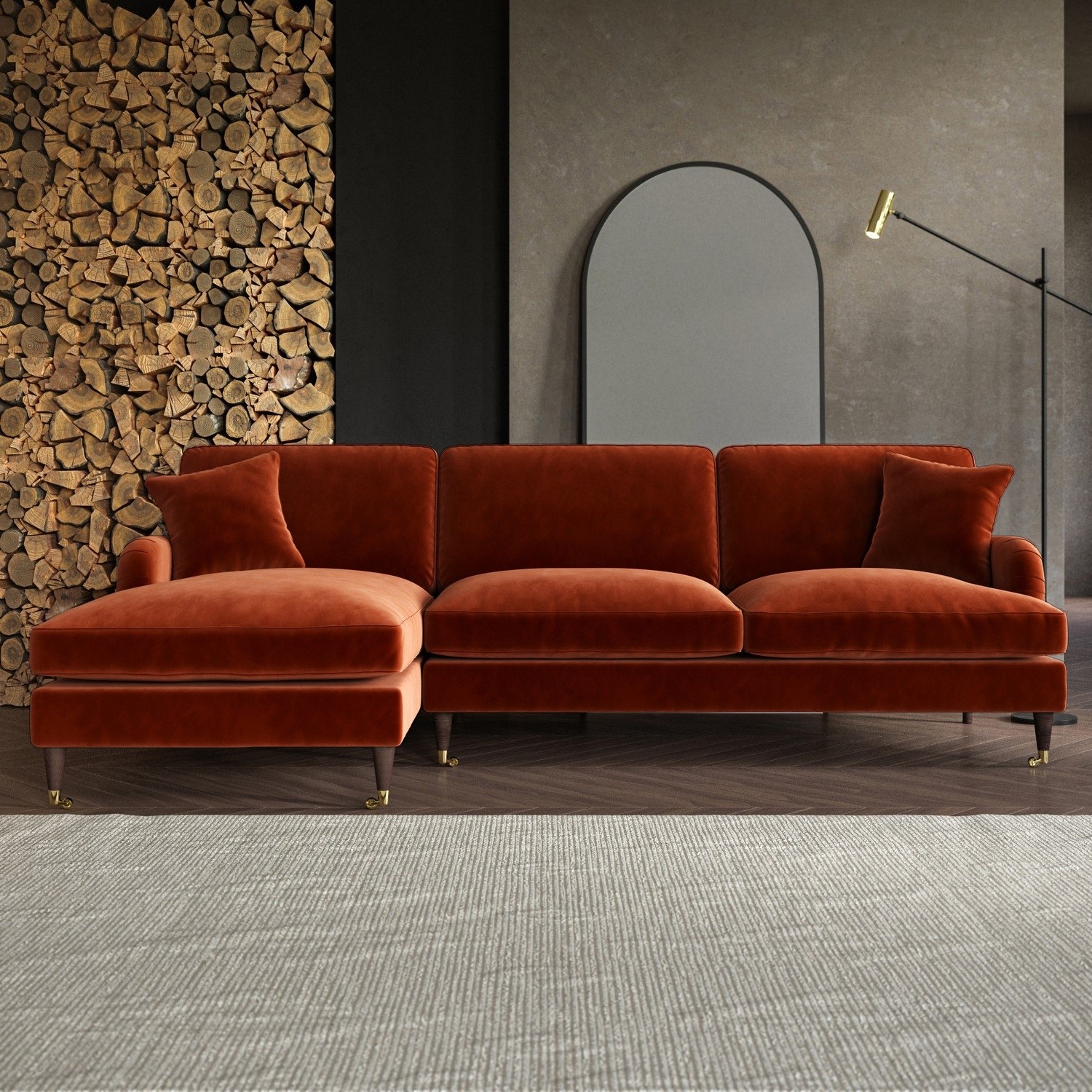 Payton Orange Burnt Velvet Left Hand Facing 4 Seater Chaise Corner Sofa