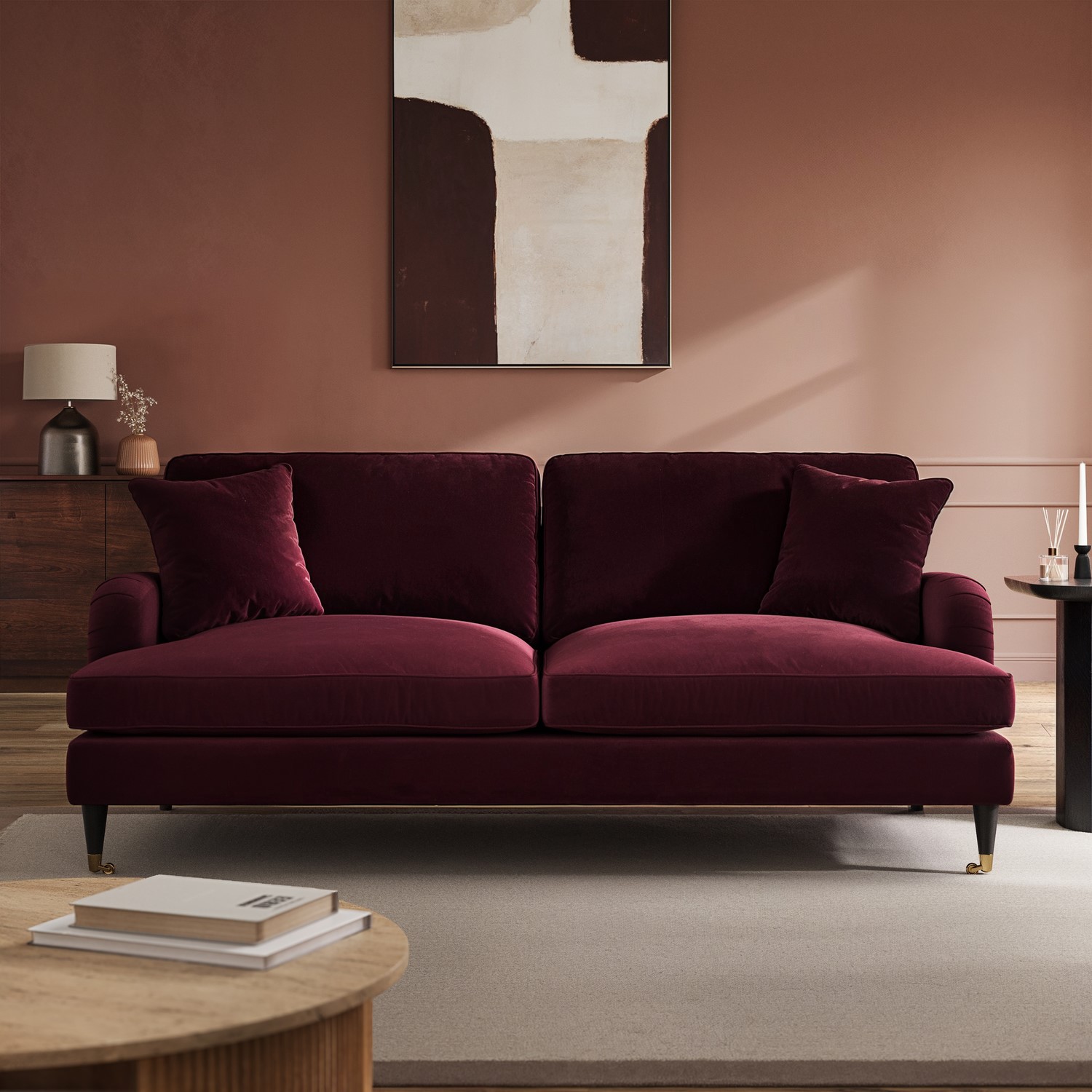 Payton Red Burgundy Velvet 3 Seater Sofa