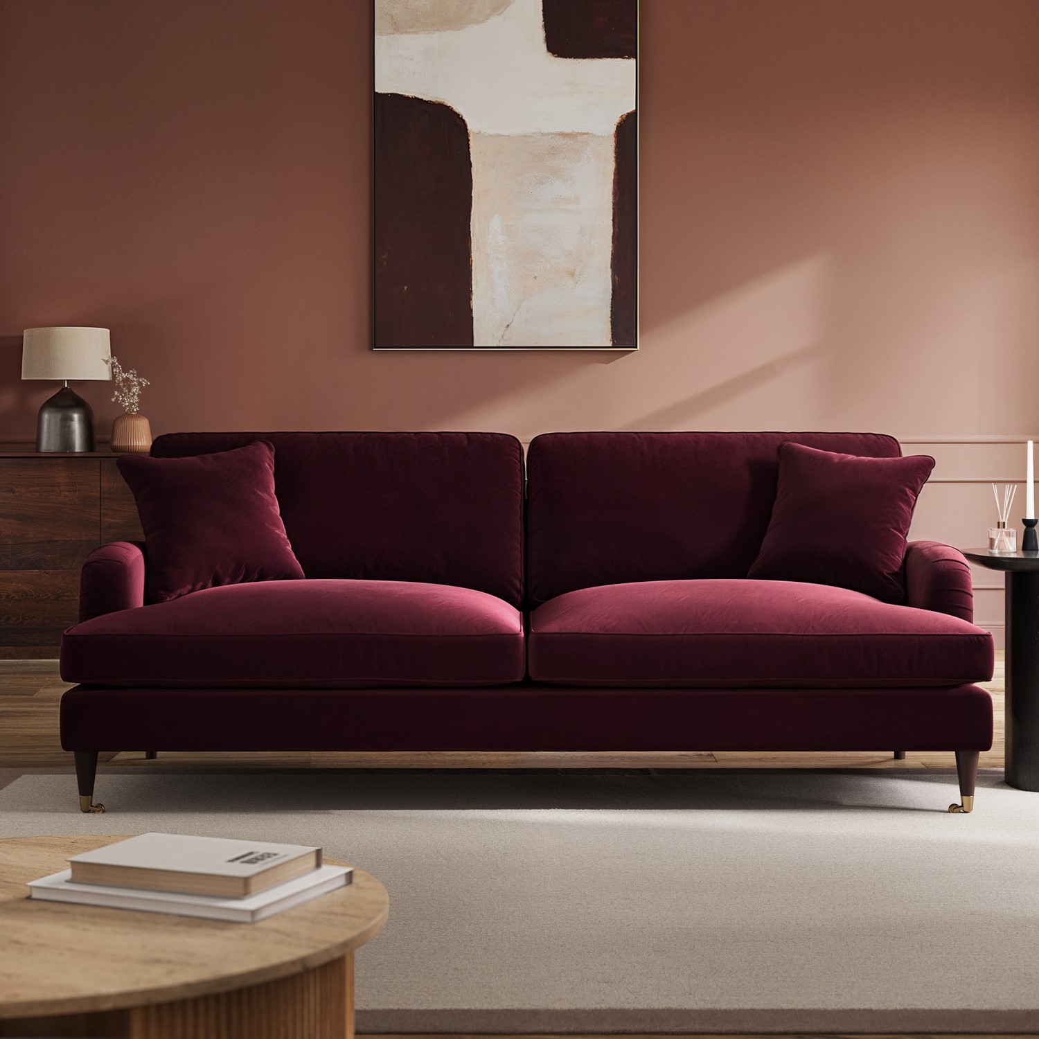 Payton Red Burgundy Velvet 4 Seater Sofa