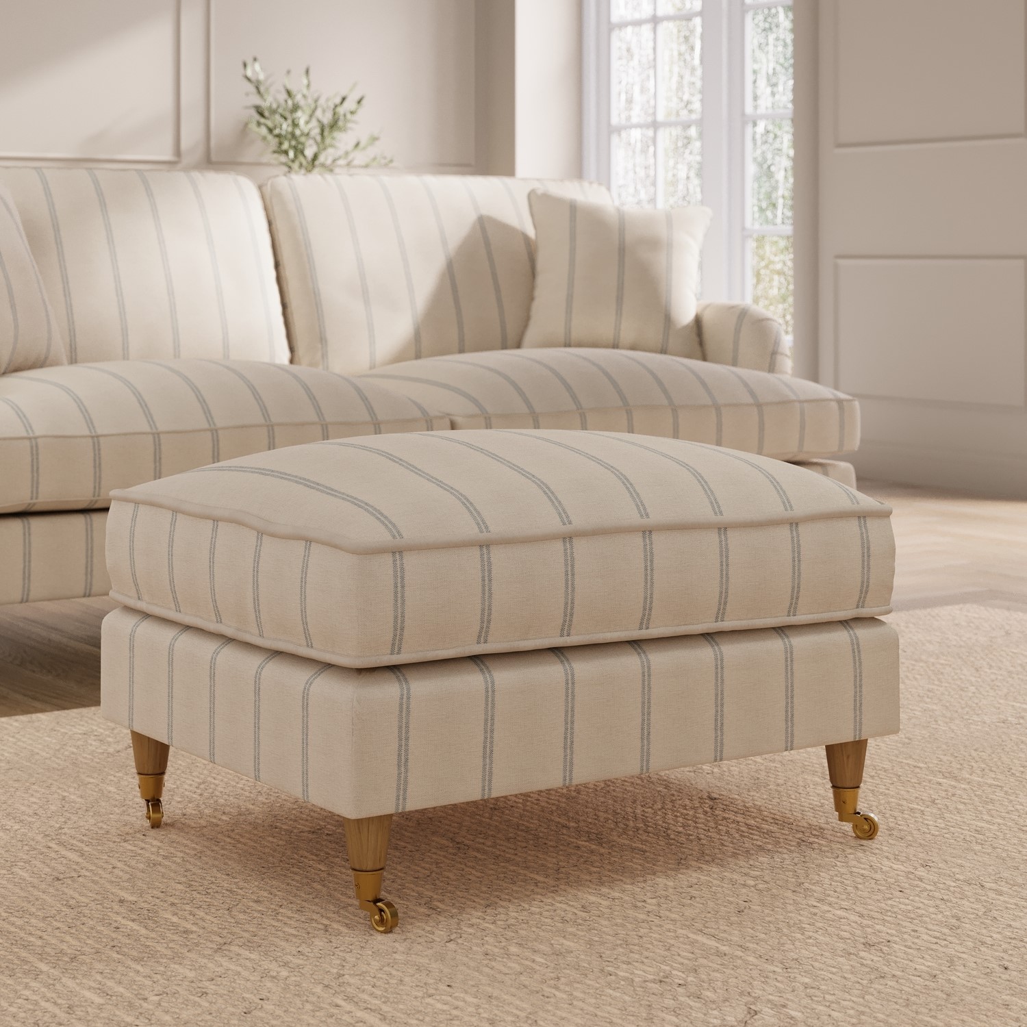 Payton Cream Chenille Blue Striped Footstool