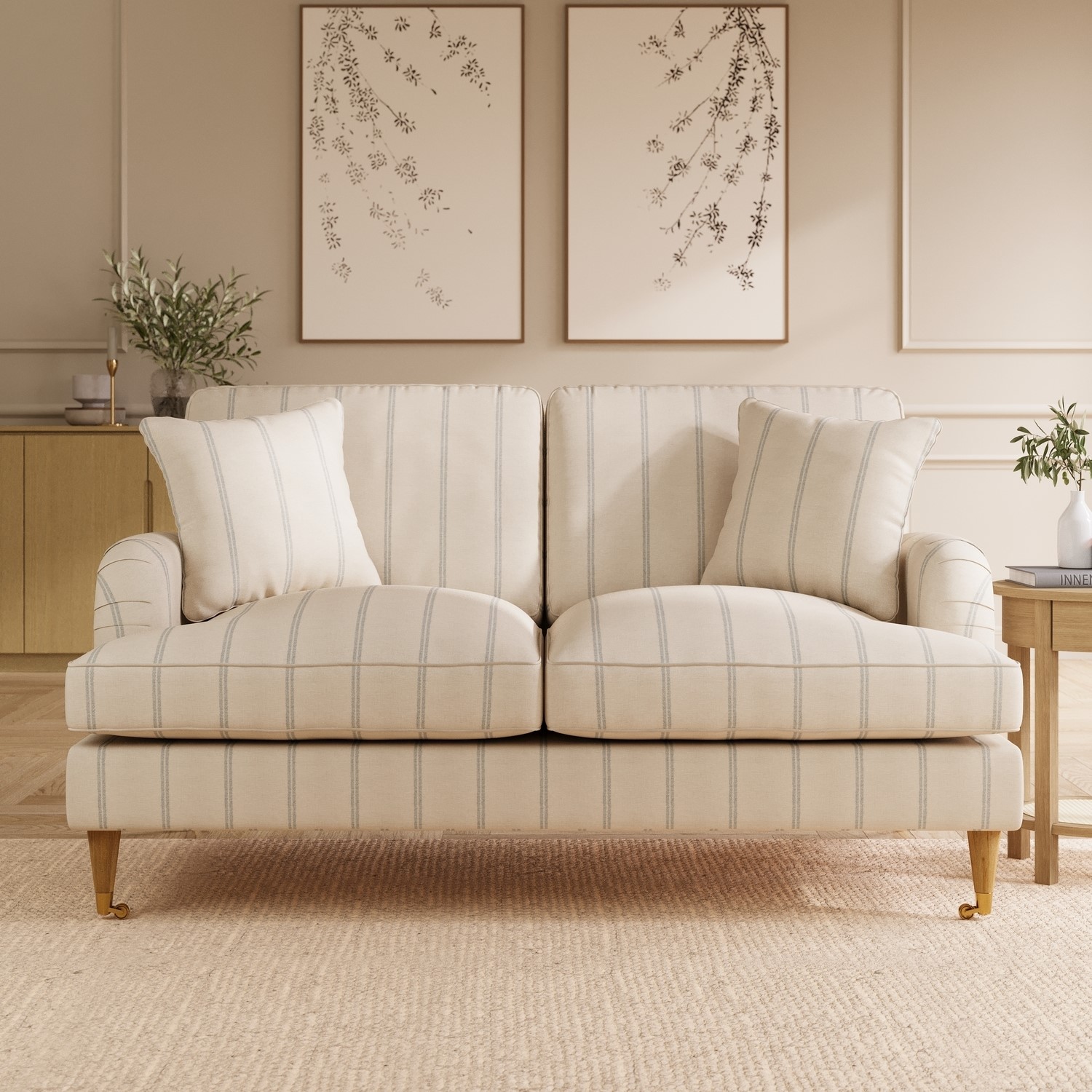 Payton Cream Chenille Blue Striped 2 Seater Sofa