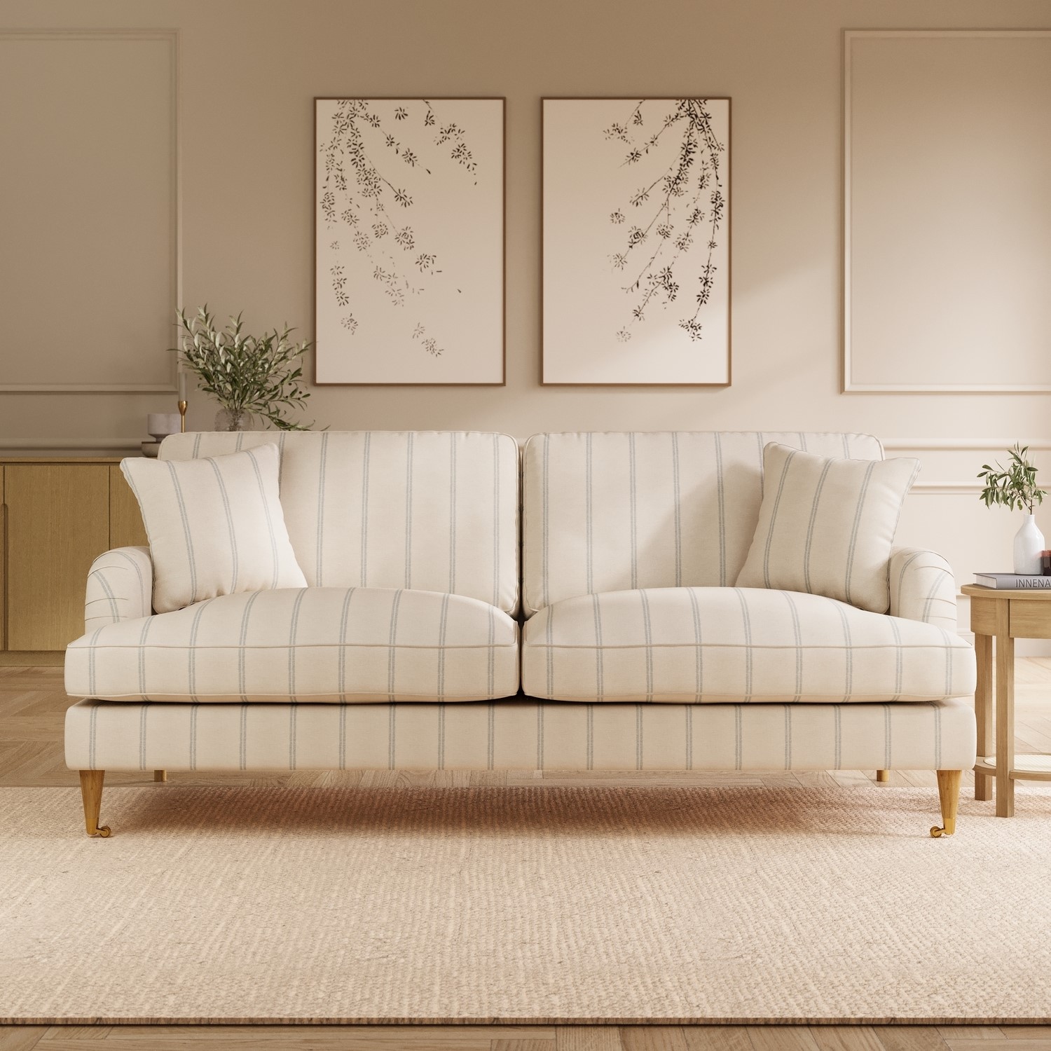Payton Cream Chenille Blue Striped 3 Seater Sofa