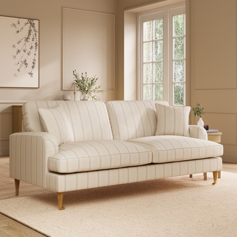 Cream Chenille Blue Striped 3 Seater Sofa - Payton