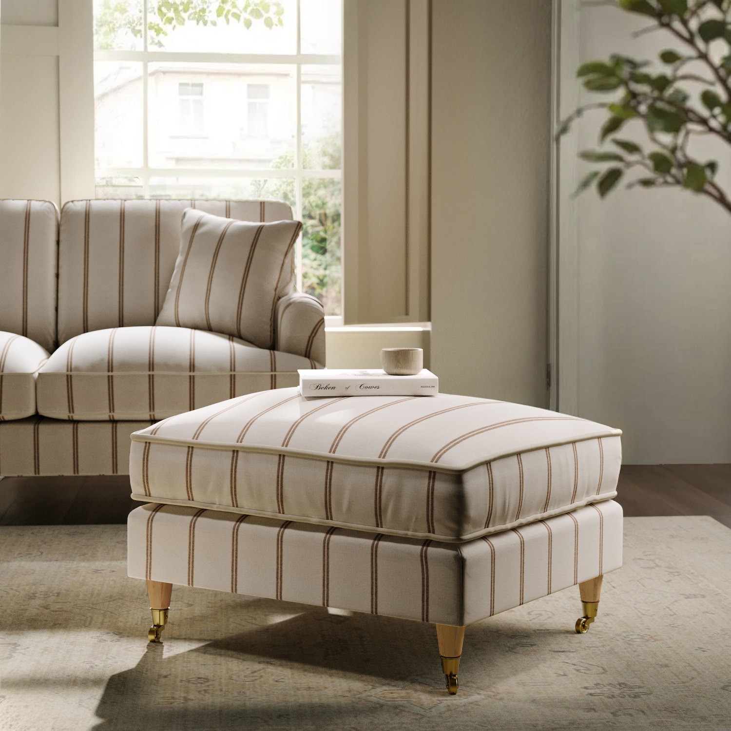 Payton Cream Chenille Burnt Orange Striped Footstool