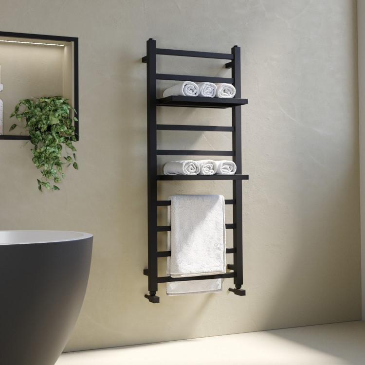 Black Towel Radiator with Shelves 1200 x 500mm - Sonoran