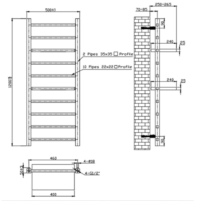 Black Towel Radiator with Shelves 1200 x 500mm - Sonoran