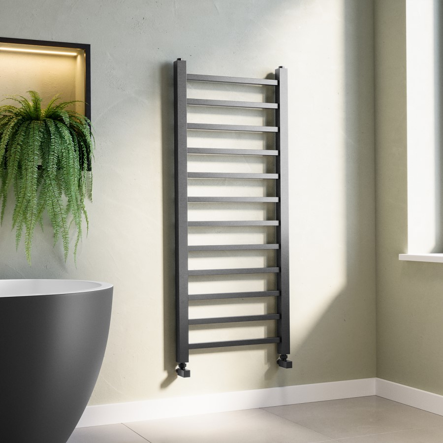 Gunmetal Grey Towel Radiator 1200 x 500mm with Pipe Kit and Straight Valves - Sonoran