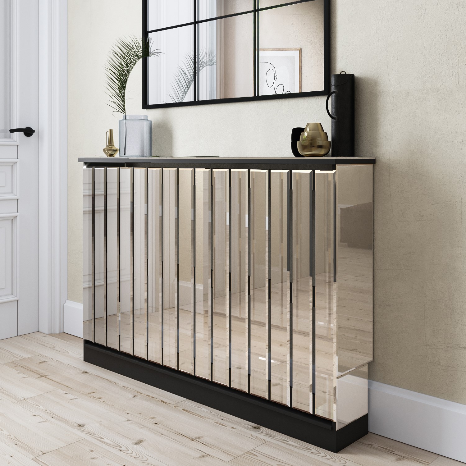 Waterproof Radiator Cover Narrow Mirrored Radiator Cover with Black Detail - Sophia - Furniture123
