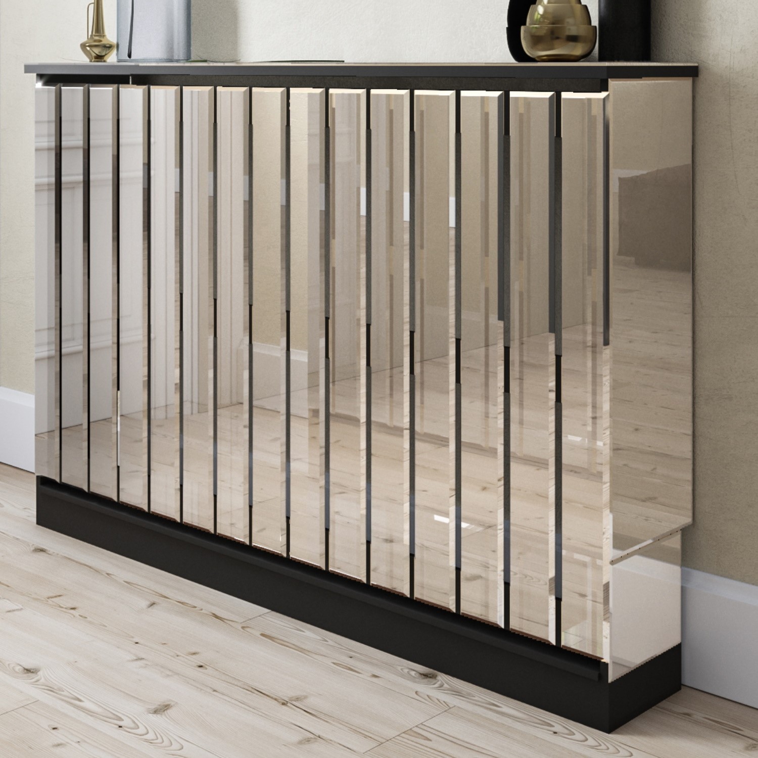 Narrow Mirrored Radiator Cover with Black Detail - 124cm - Sophia ...