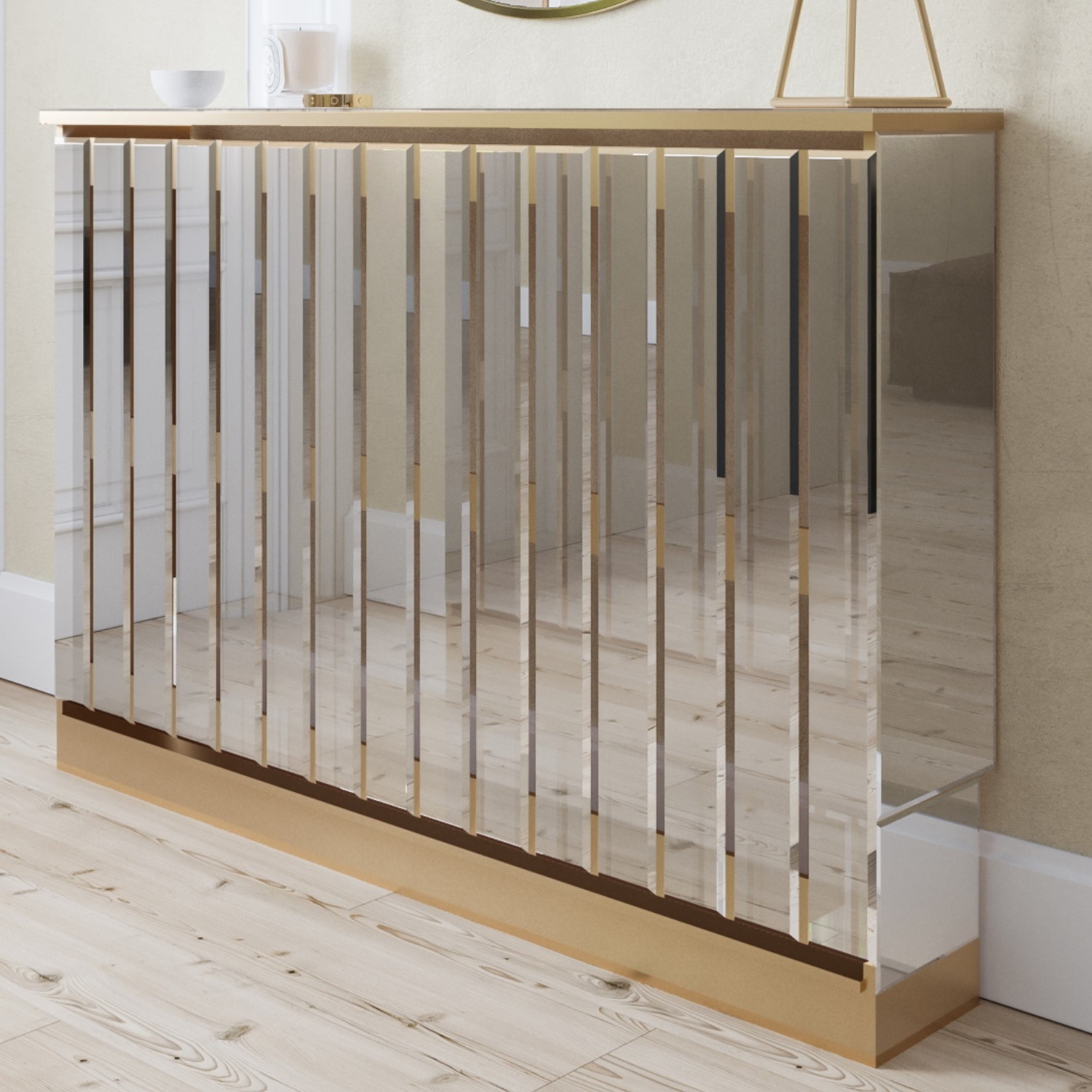 Narrow Mirrored Radiator Cover with Gold Detail - Sophia - Furniture123