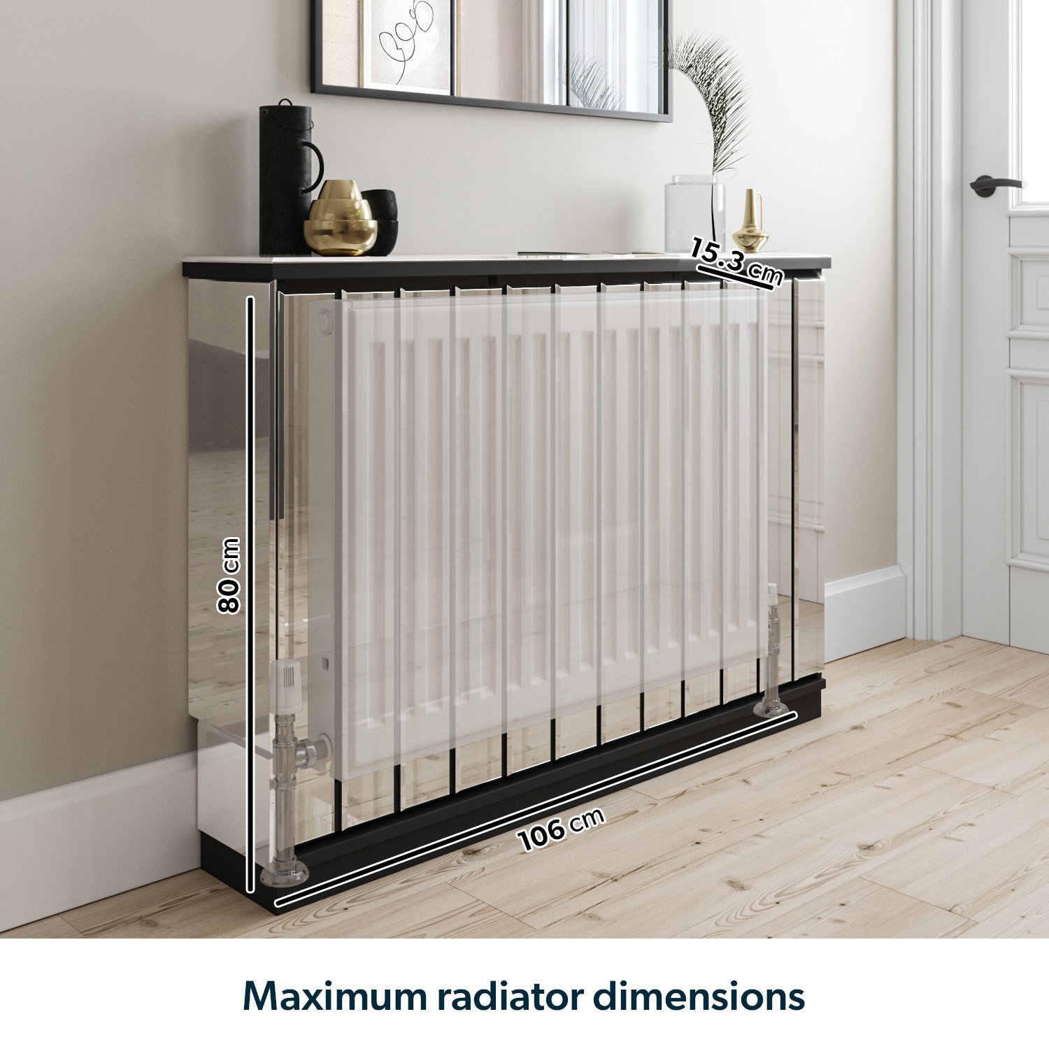 Tabletop Radiator Narrow Mirrored Radiator Cover with Black Detail - 111cm - Sophia ...