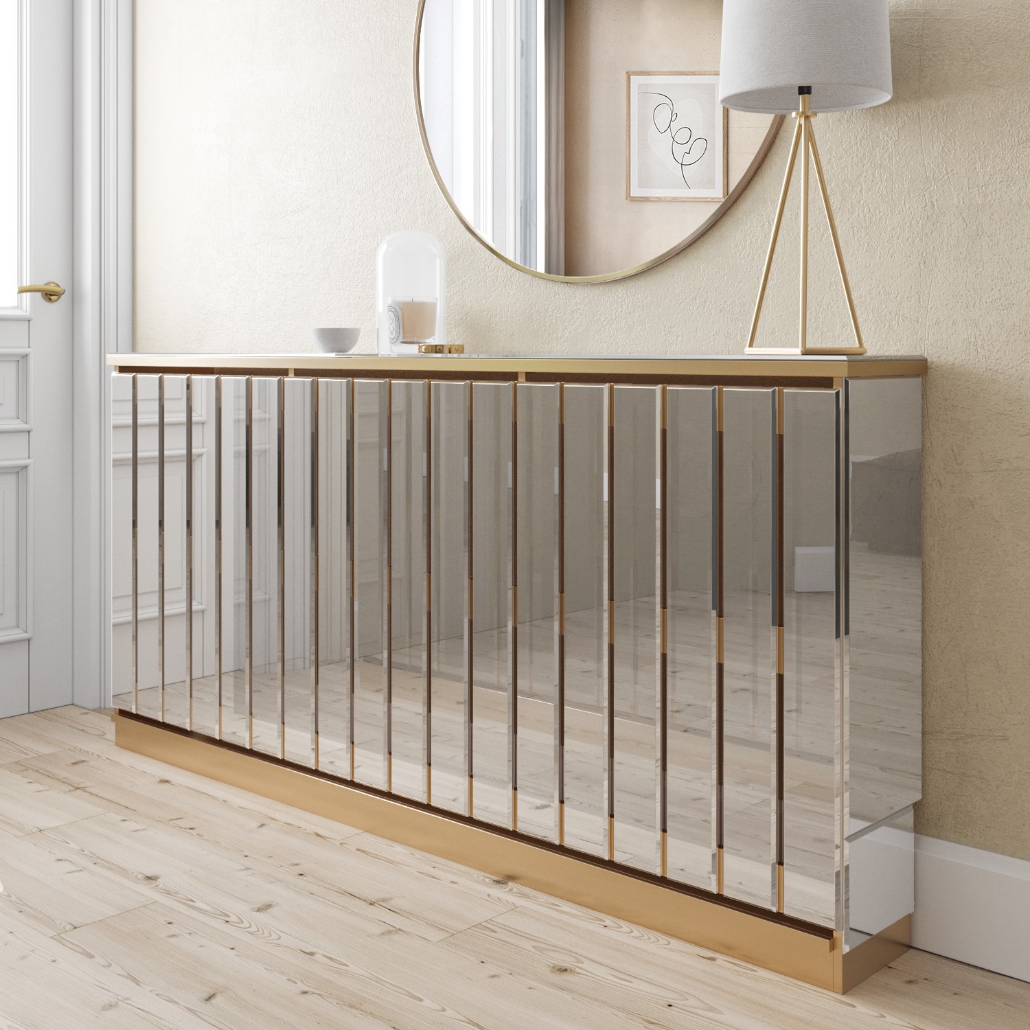 ONLY OPENED - Narrow Mirrored Radiator Cover with Gold Detail - 152cm ...