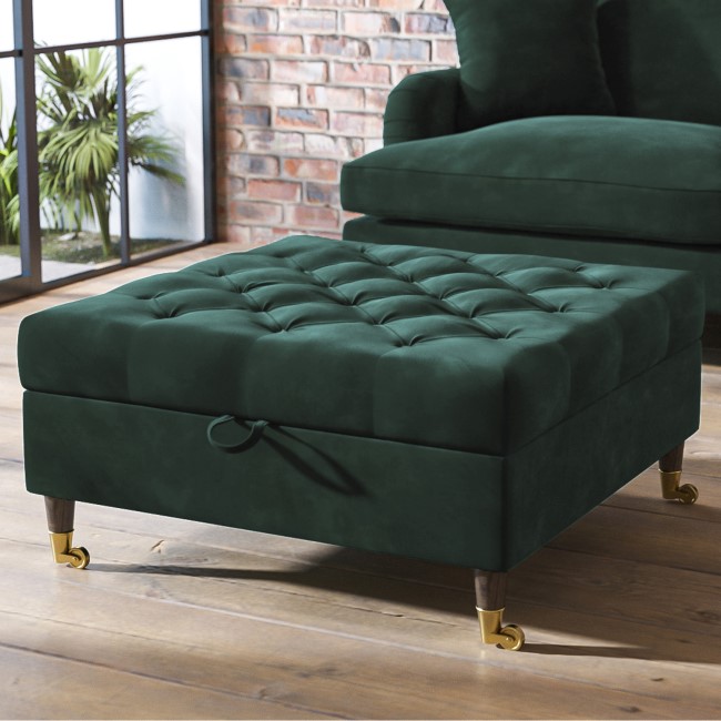 Large Green Velvet Buttoned Ottoman Storage Footstool - Payton