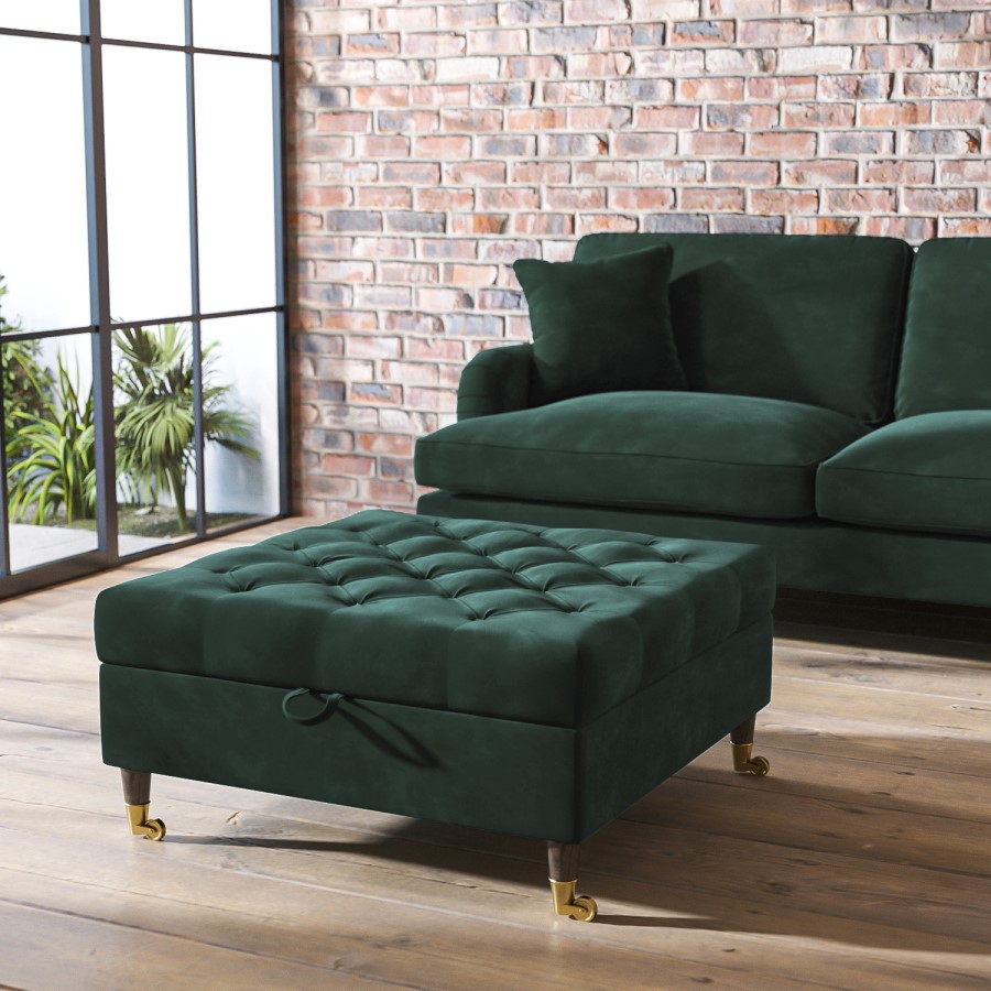 GRADE A2 - Large Green Velvet Buttoned Ottoman Storage Footstool - Payton