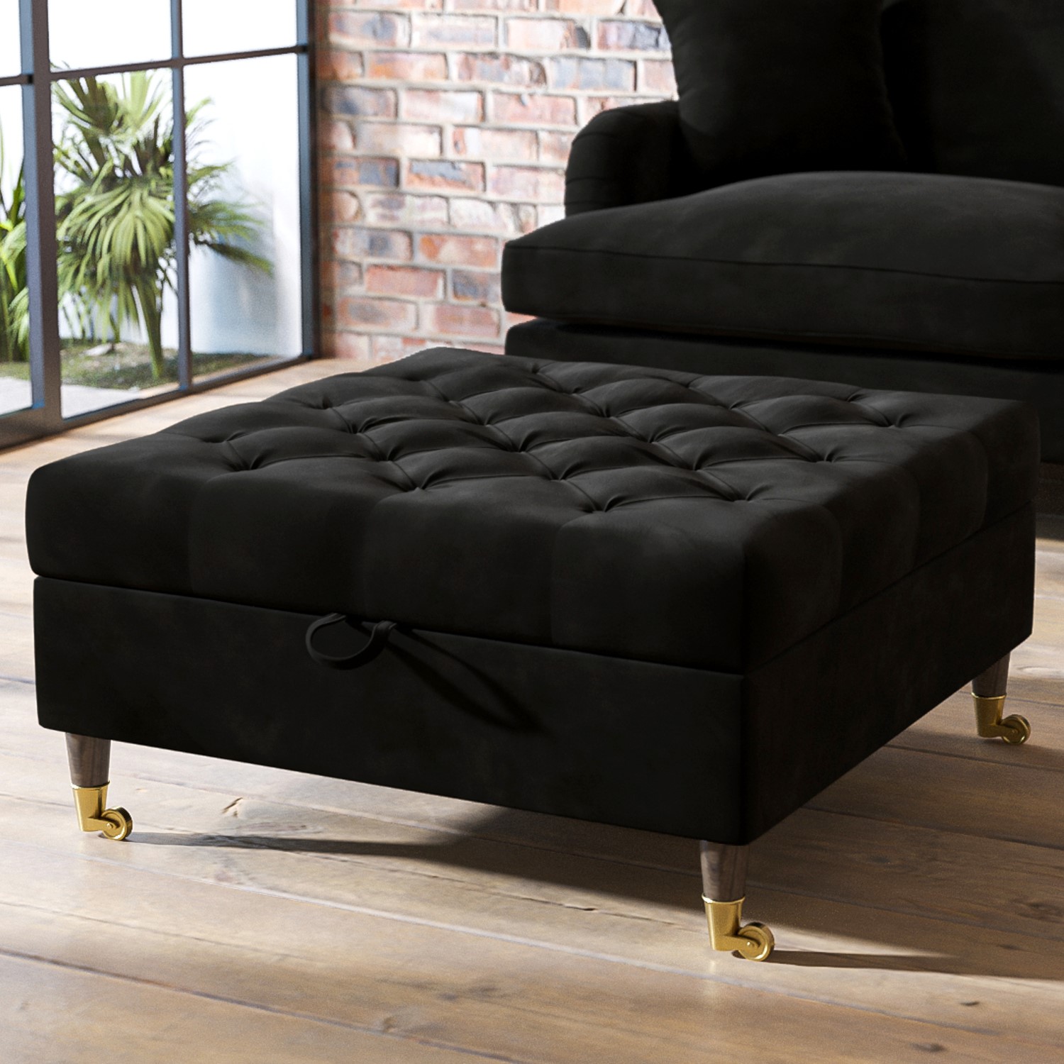 Photo of Large black velvet chesterfield footstool with storage - payton