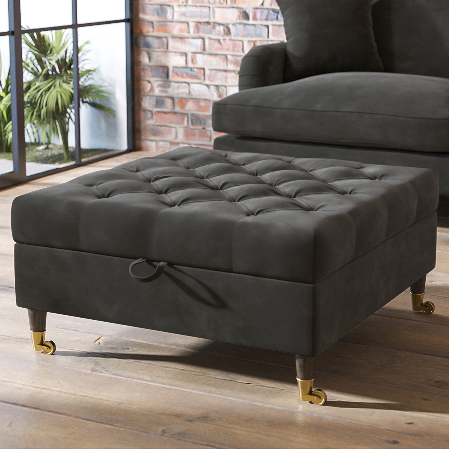 Photo of Large dark grey velvet chesterfield footstool with storage - payton