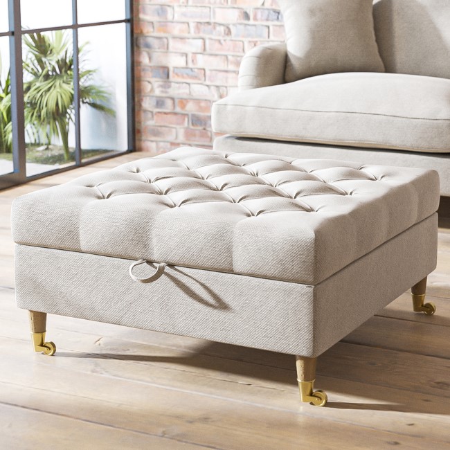 GRADE A1 - Beige Woven Buttoned Ottoman Storage Footstool - Payton